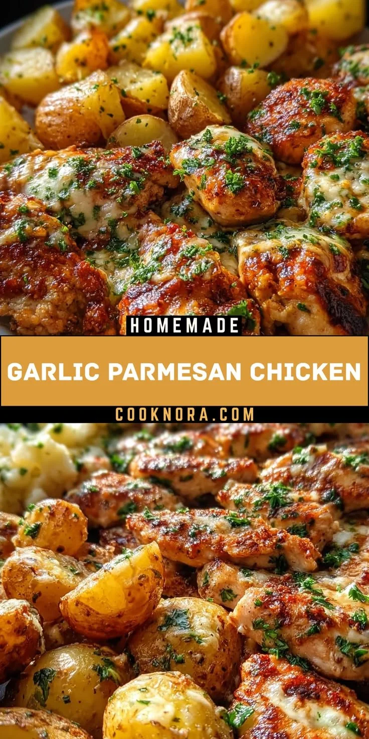 Delicious Garlic Parmesan Chicken cooked with potatoes in one pan