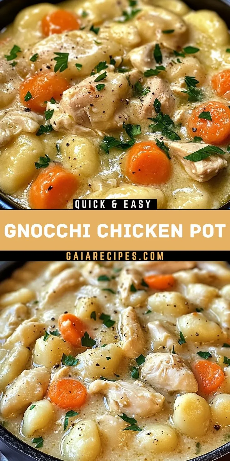 1 pot gnocchi chicken pot pie served in a rustic bowl surrounded by fresh herbs