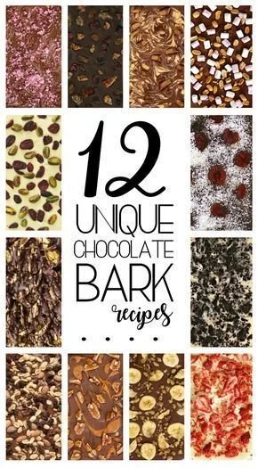 A variety of chocolate bark recipes presented as Christmas gifts.