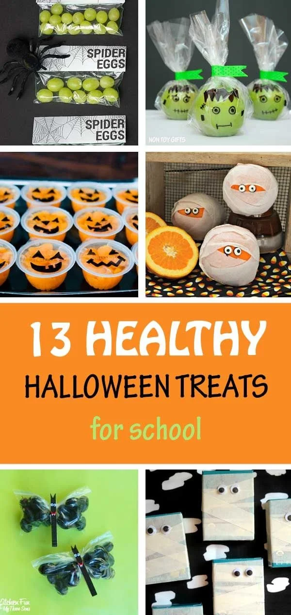 Healthy Halloween treats for school including fruits, snacks, and creative ideas.