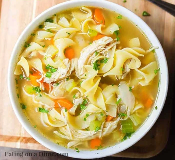 Bowl of homemade chicken noodle soup with noodles, chicken, and vegetables