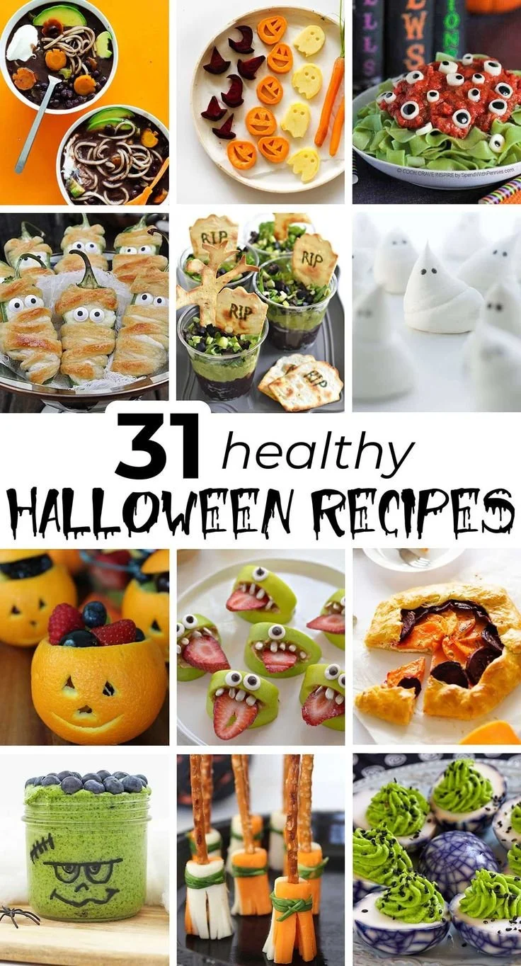 A selection of healthy Halloween recipes including spooky dinners and treats.