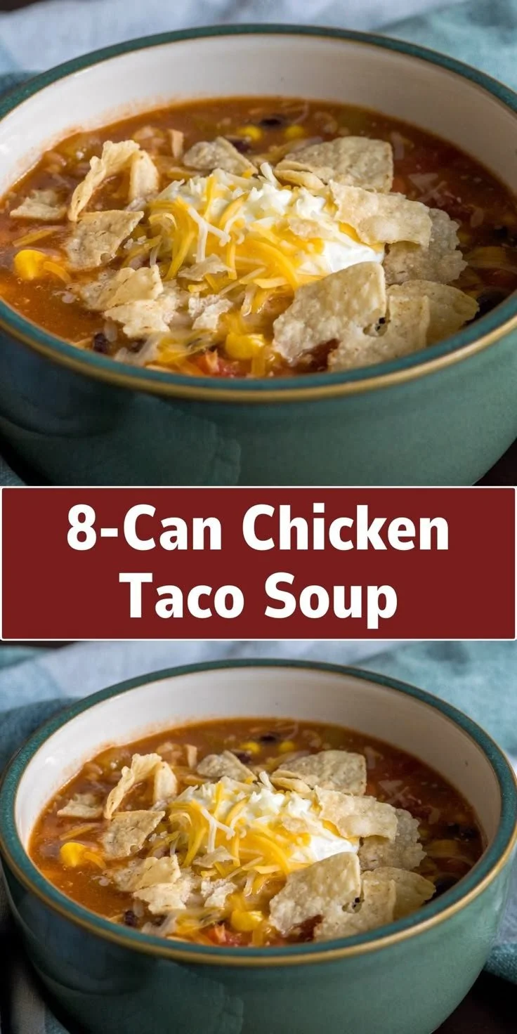 Easy 8-can chicken taco soup in a bowl ready to be served.