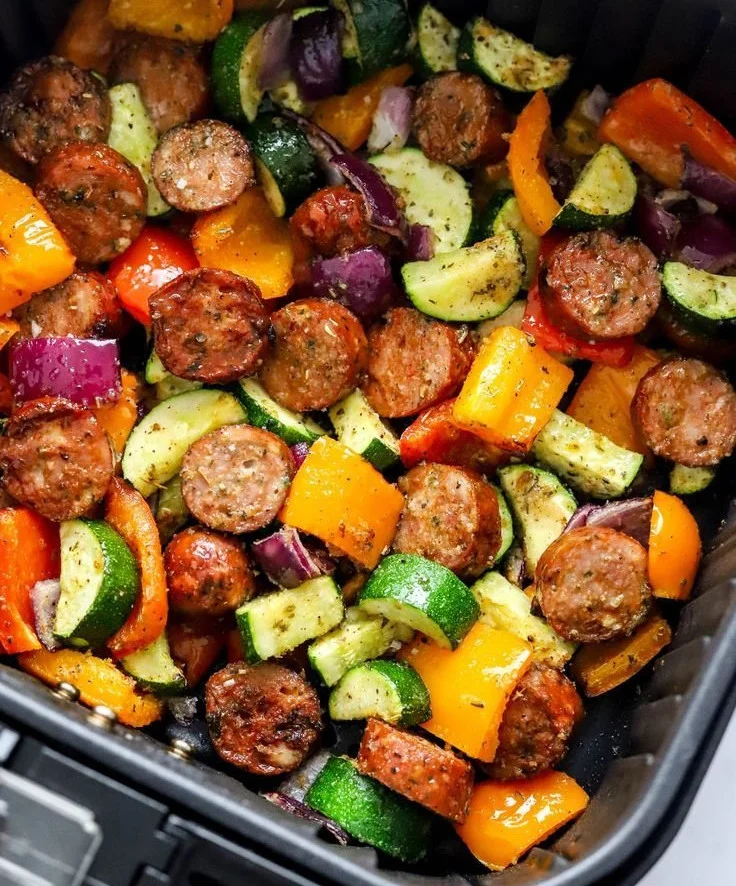 Air Fryer Chicken Sausage with colorful veggies on a plate