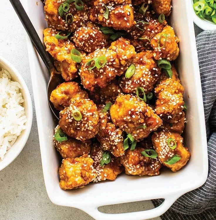 Air Fryer Honey Sesame Chicken served with vegetables