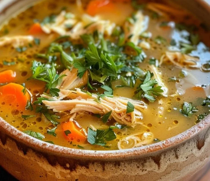 Bowl of anti-inflammatory chicken soup rich in herbs and vegetables