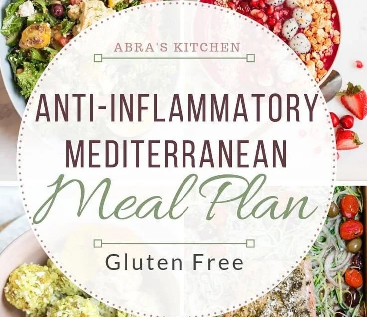 Gluten-free anti-inflammatory Mediterranean meal plan for healthy eating.