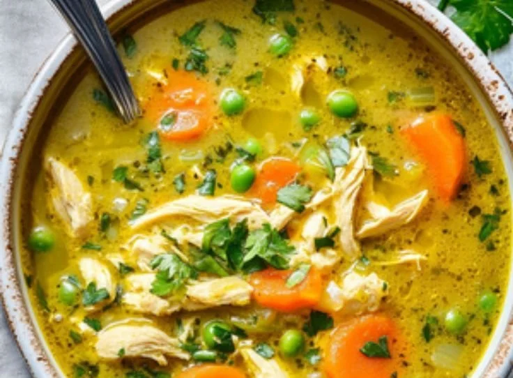 Bowl of anti-inflammatory turmeric chicken soup garnished with herbs