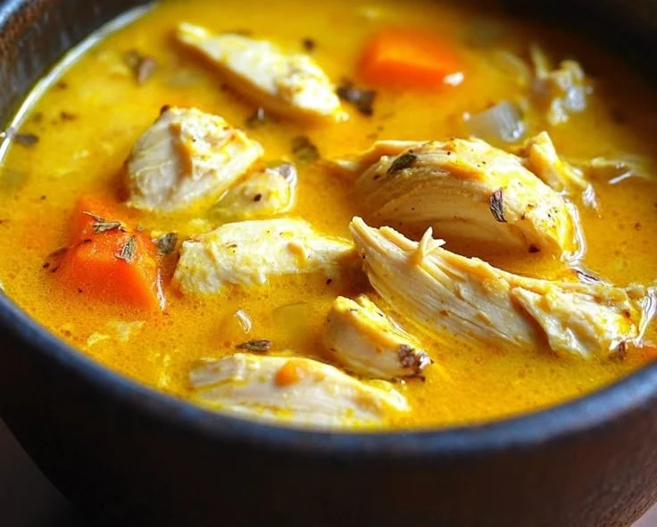 Bowl of anti-inflammatory turmeric chicken soup with herbs and spices