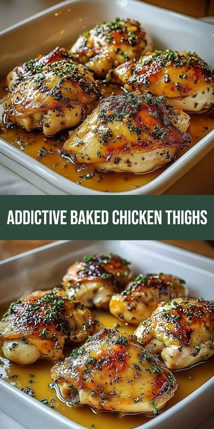 Golden baked chicken thighs served on a plate with herbs and spices