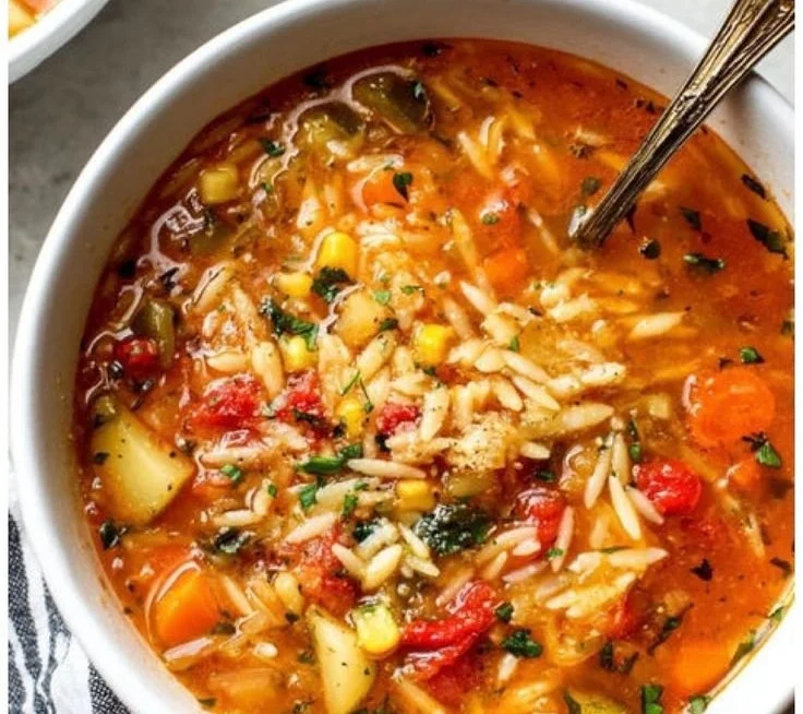 Authentic Italian vegetable orzo soup recipe card for a cozy winter meal.