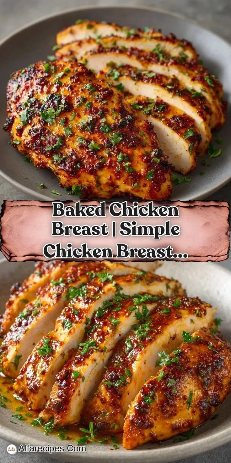 Juicy baked chicken breast garnished with herbs and served with vegetables.