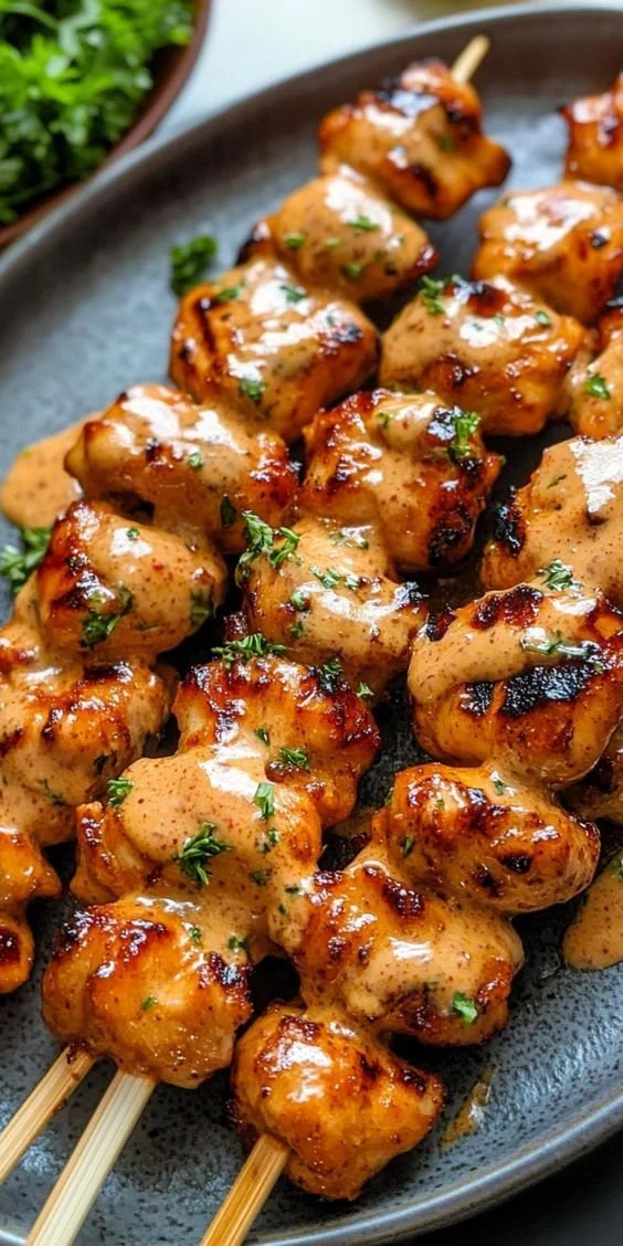 Bang Bang Chicken Skewers with flavorful sauce served on a platter