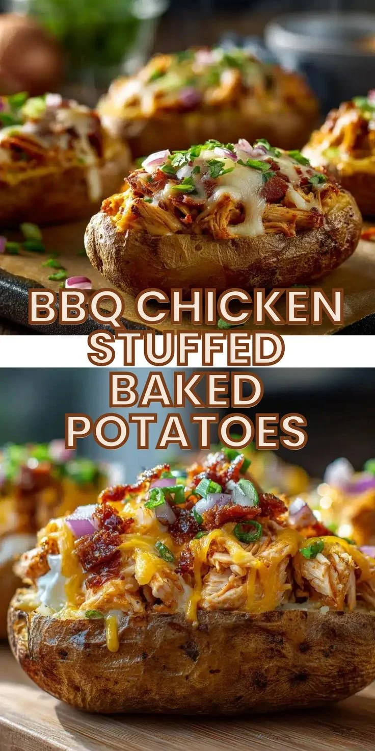 BBQ chicken stuffed baked potatoes ready to be served for dinner or game day.