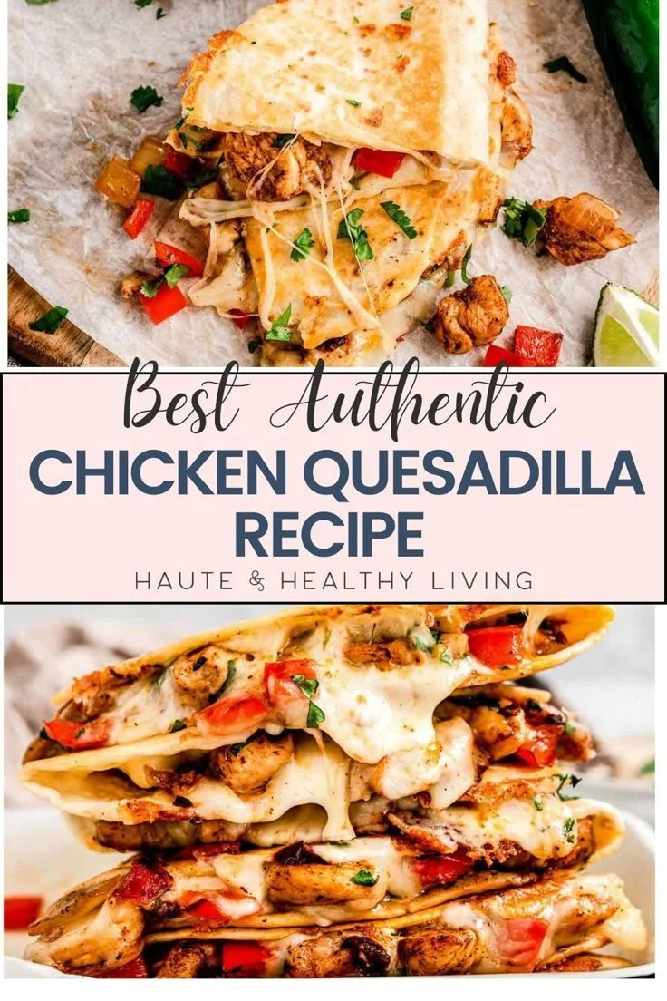 Delicious and cheesy authentic chicken quesadilla served on a plate.