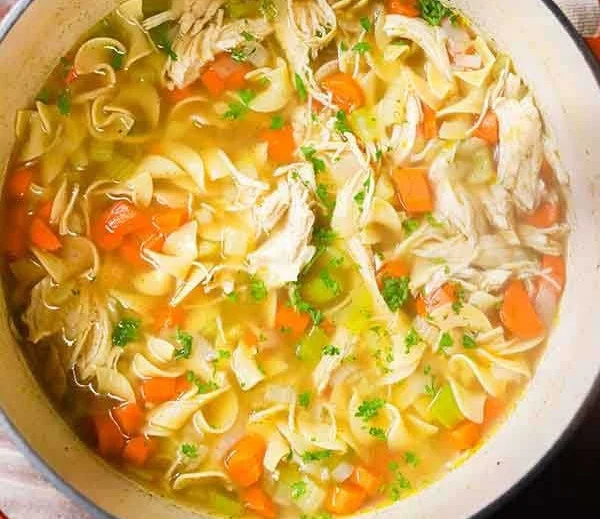Bowl of homemade chicken noodle soup cooked in a crockpot