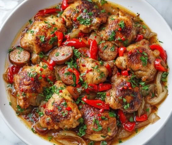 Delicious Chicken Scarpariello with sausage and bell peppers cooked in Italian style