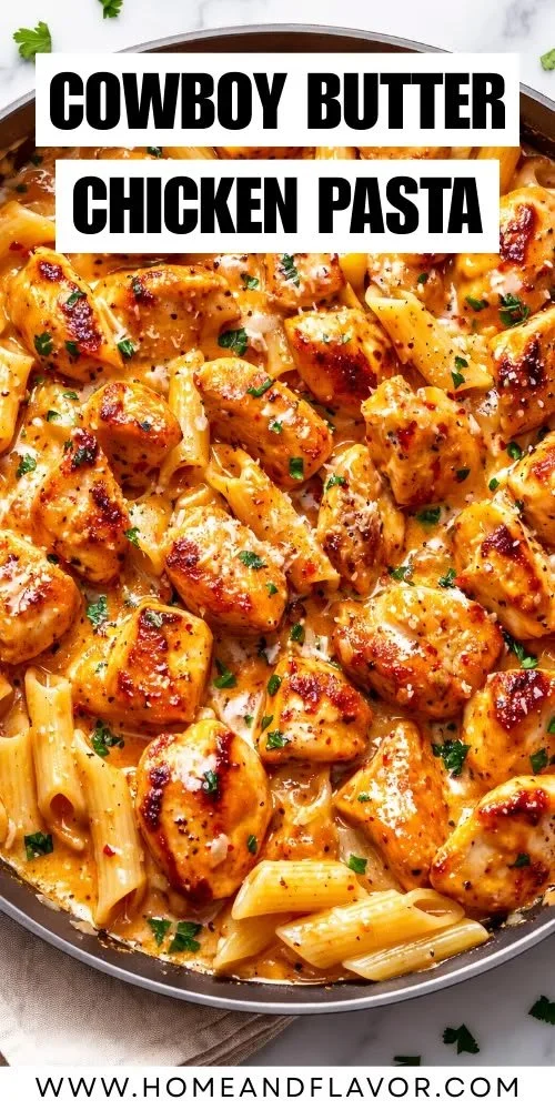 Creamy Cowboy Butter Chicken Pasta served on a plate with garlic and herbs