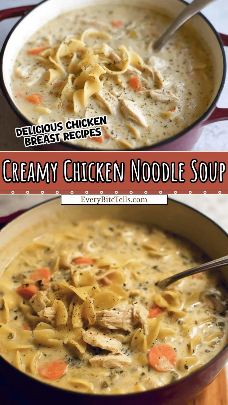Creamy chicken noodle soup in a bowl garnished with fresh herbs