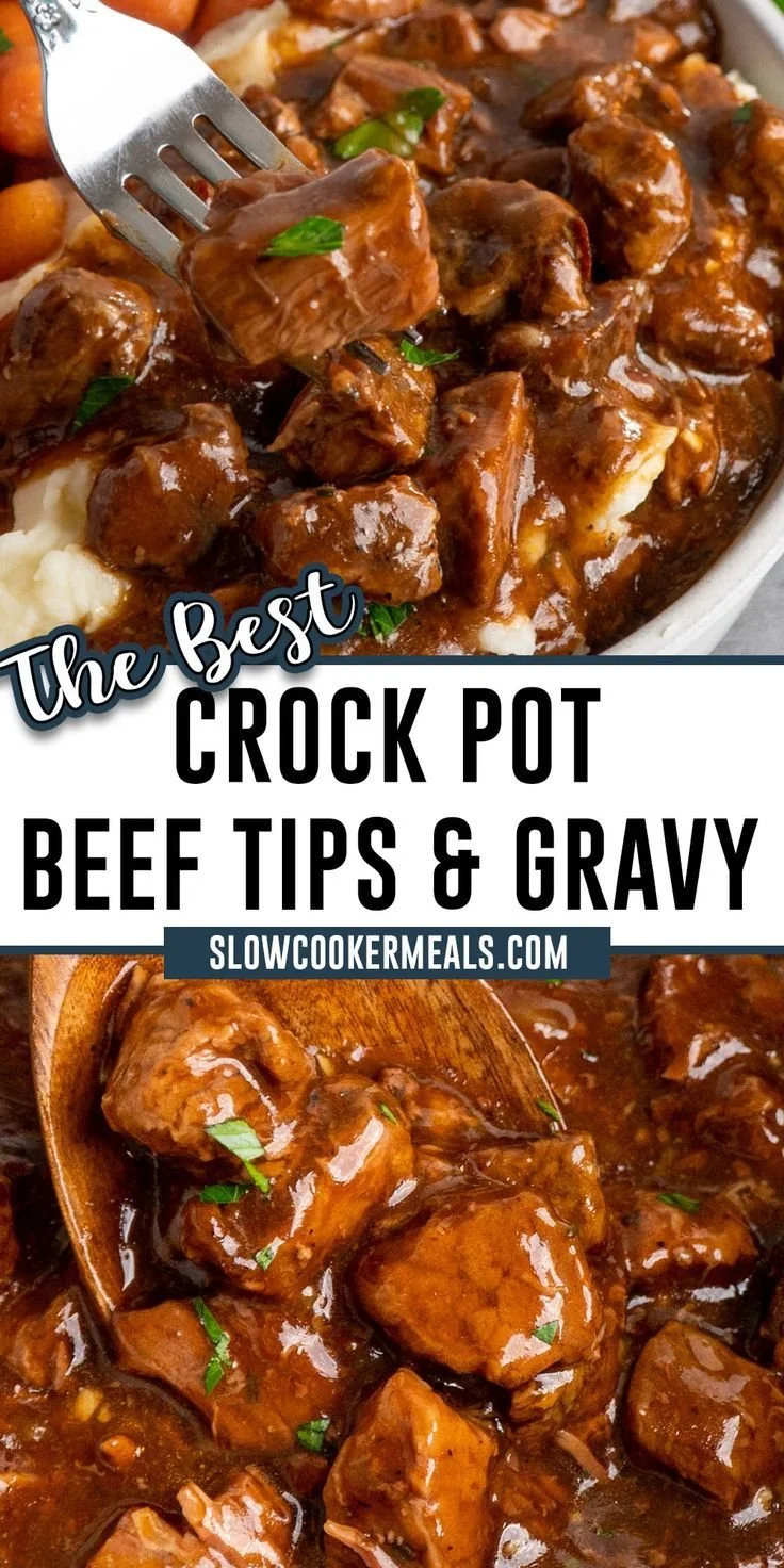 Delicious crock pot beef tips simmered in savory gravy