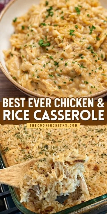 Delicious homemade chicken and rice casserole served in a baking dish