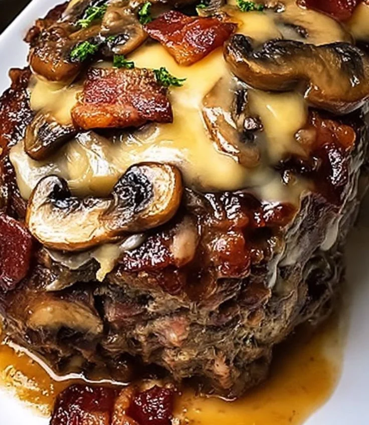 Delicious Swiss bacon mushroom meatloaf served with vegetables.