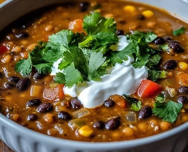 Bowl of black bean and lentil soup topped with fresh herbs