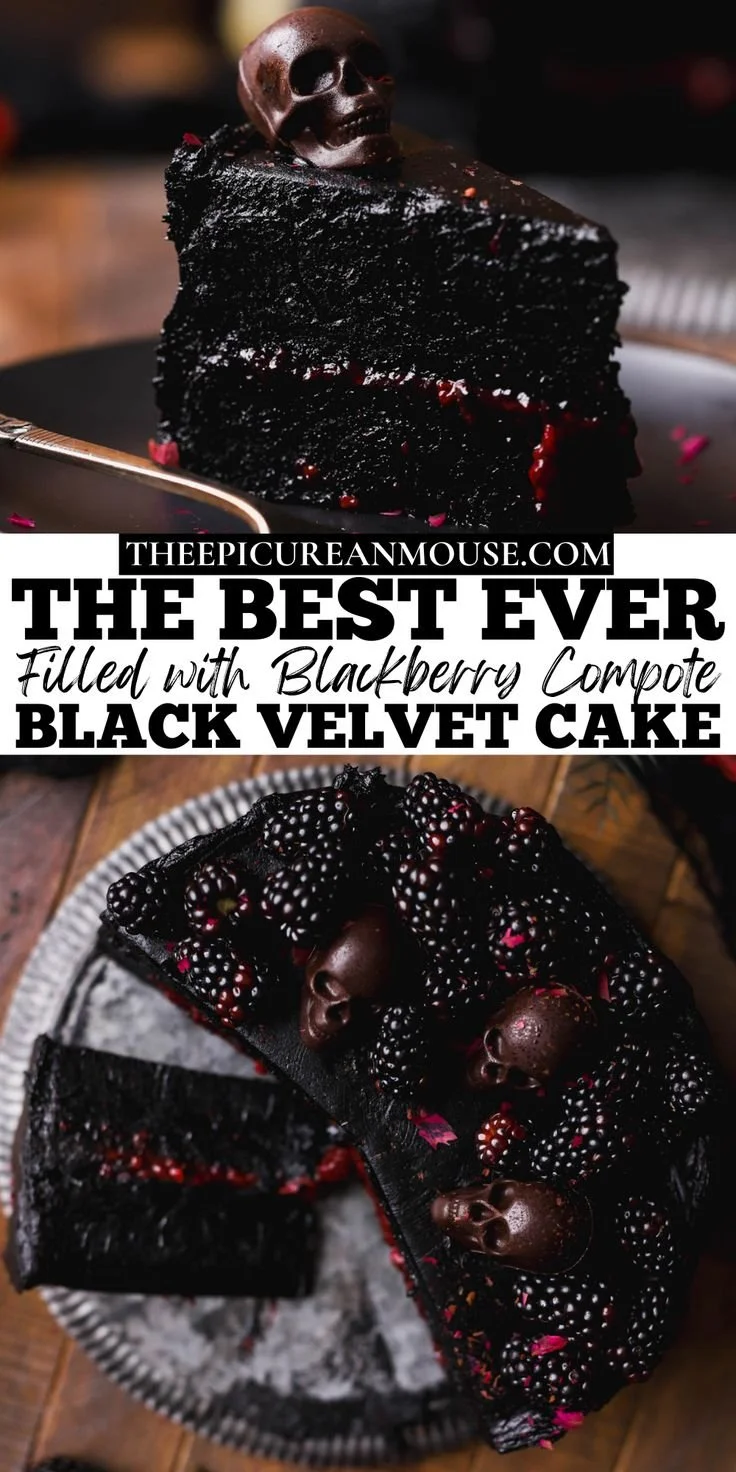 Delicious Black Velvet Halloween Cake decorated for spooky celebrations