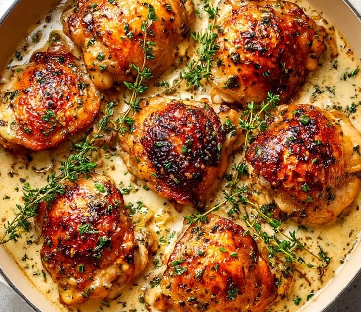 Bobby Flay's skillet chicken thighs in creamy garlic sauce served on a plate