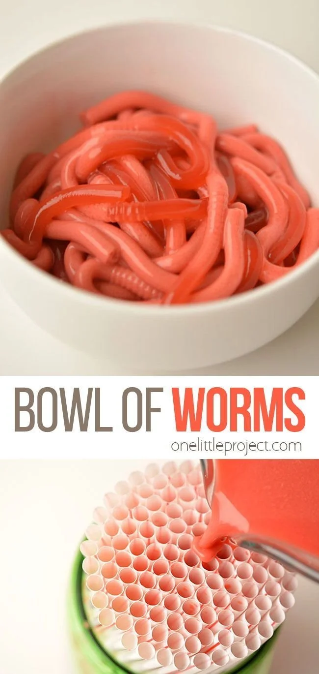 Colorful bowl of homemade Jello Worms for a Halloween party treat