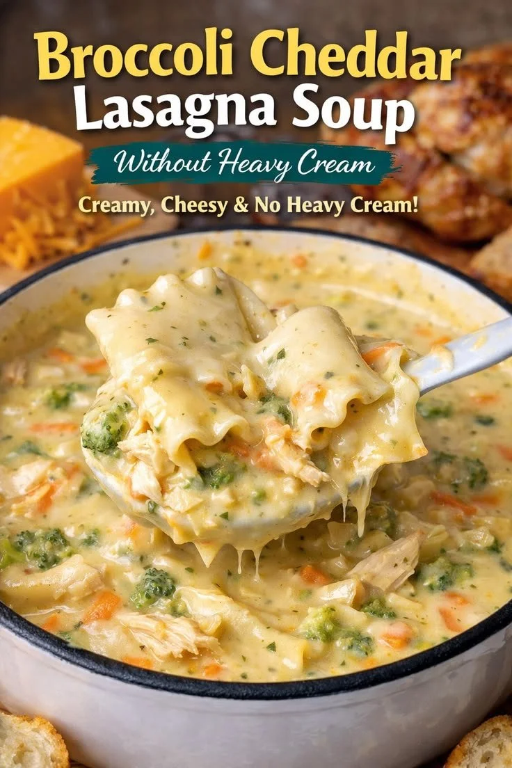 Bowl of healthy broccoli cheddar lasagna soup with fresh herbs and cheese