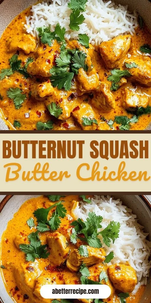 Delicious Butternut Squash Butter Chicken served with rice on a plate