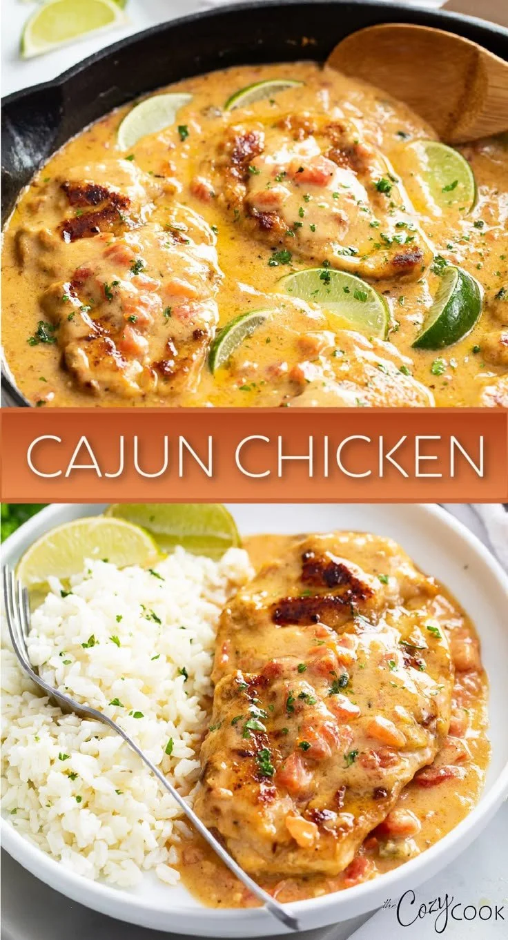 Delicious Cajun Chicken seasoned with spices, served with rice and veggies.