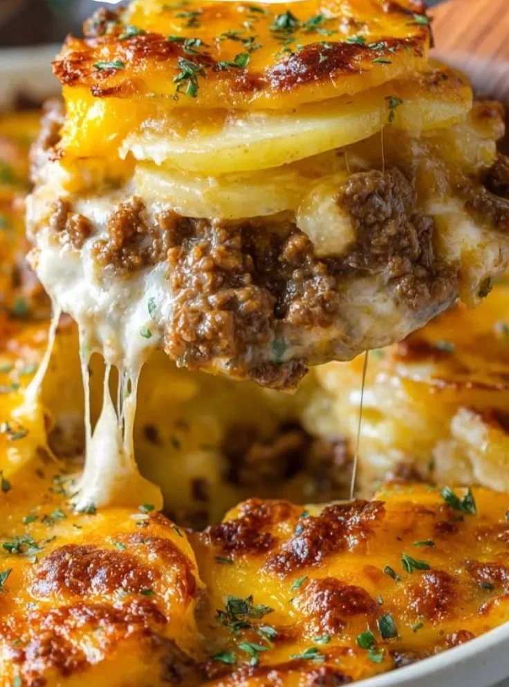 Cheesy Hamburger Potato Casserole topped with melted cheese and herbs