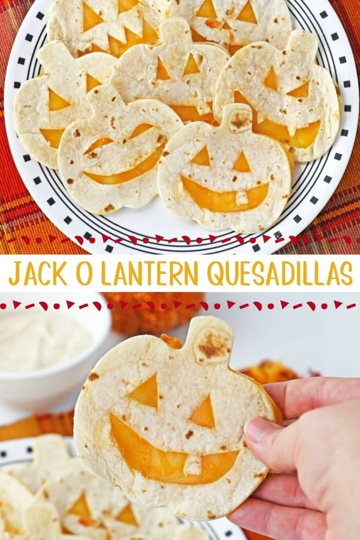 Delicious cheesy Jack o Lantern quesadillas shaped like Halloween pumpkins