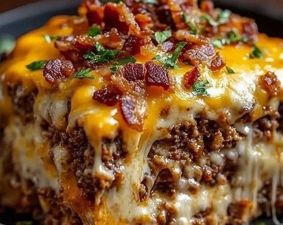 Cheesy meatloaf casserole topped with melted cheese and herbs