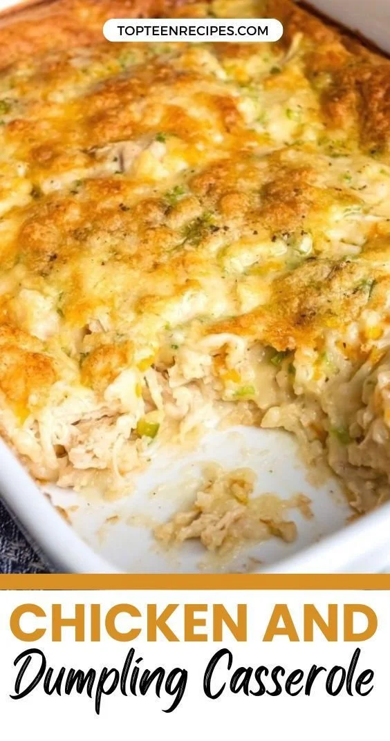 Delicious Chicken and Dumpling Casserole served on a plate with green garnish