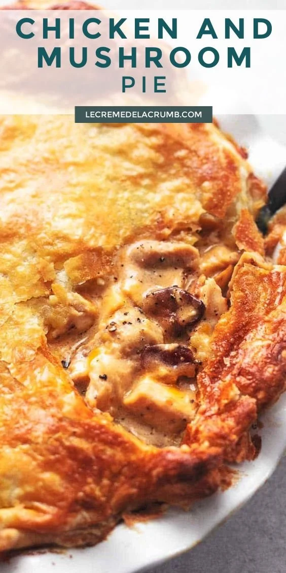 Delicious Chicken And Mushroom Pie served with a golden crust and creamy filling