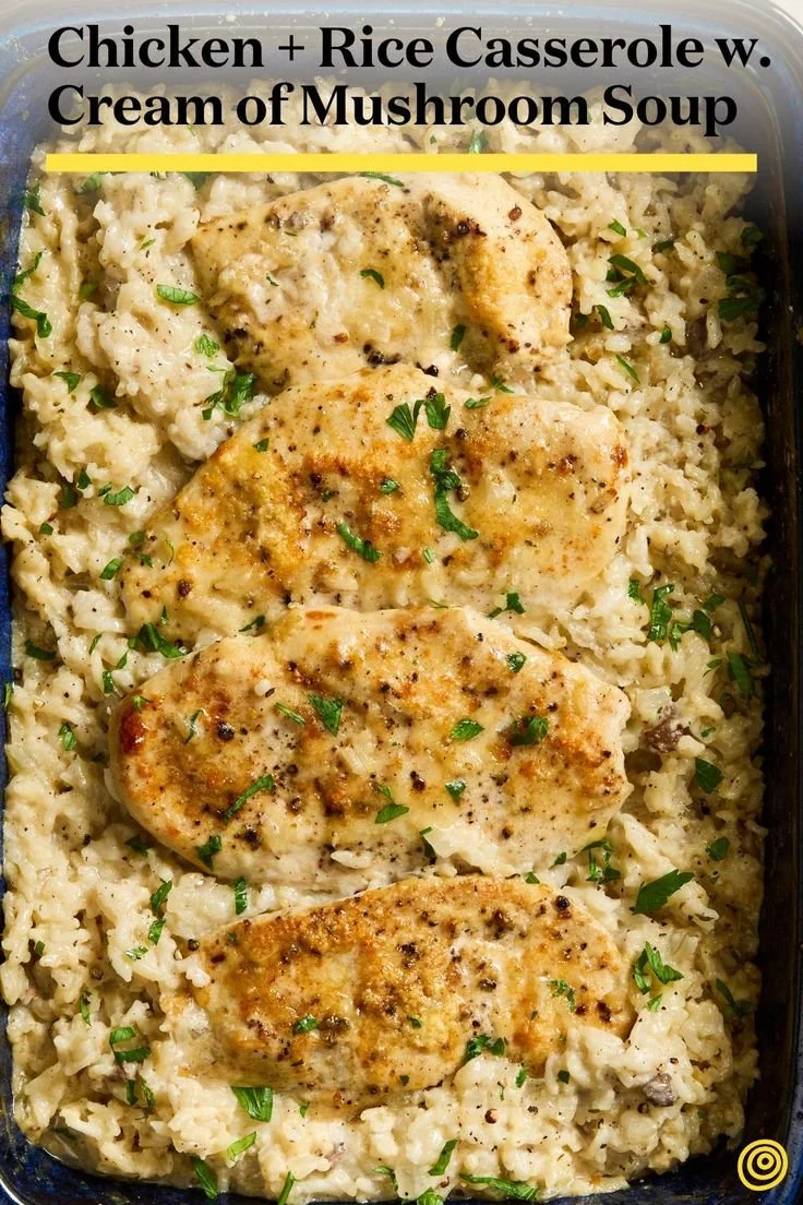 Delicious chicken and rice casserole with cream of mushroom soup served in a dish.
