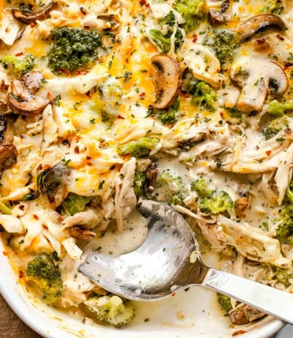 Low carb Chicken Broccoli Casserole dish with cheese and broccoli