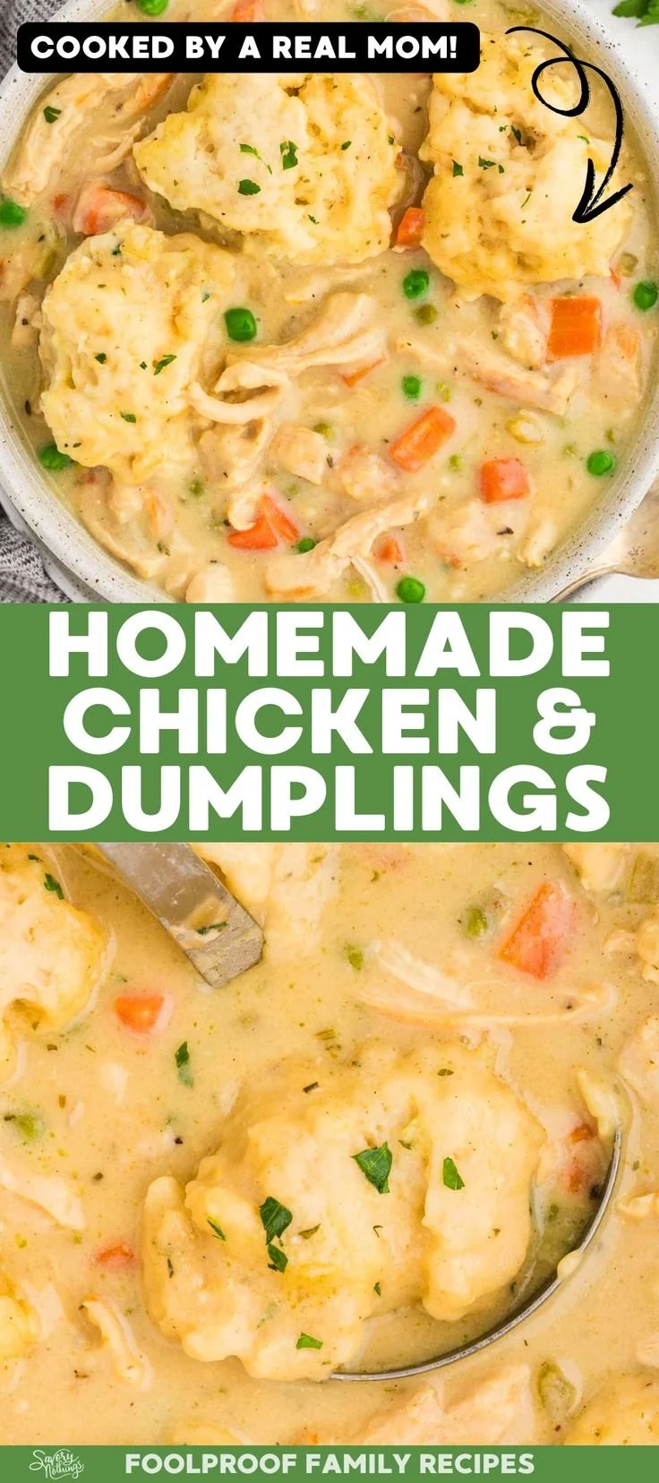 Bowl of creamy chicken dumplings garnished with herbs, a comforting dish