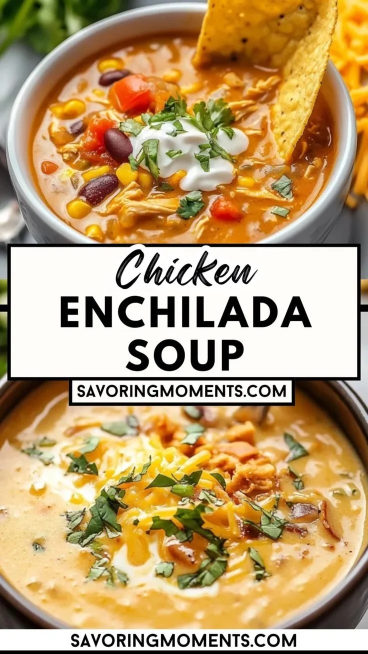 Bowl of Chicken Enchilada Soup garnished with cilantro and lime