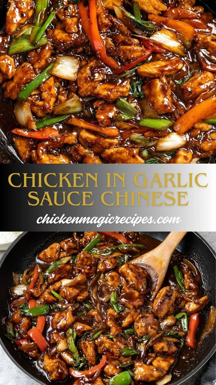 Plate of chicken in garlic sauce garnished with green onions and served with rice