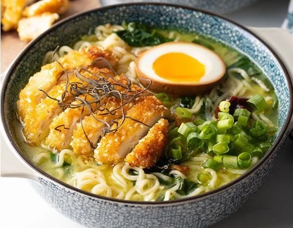 Bowl of Chicken Katsu Ramen with crispy chicken and spicy broth