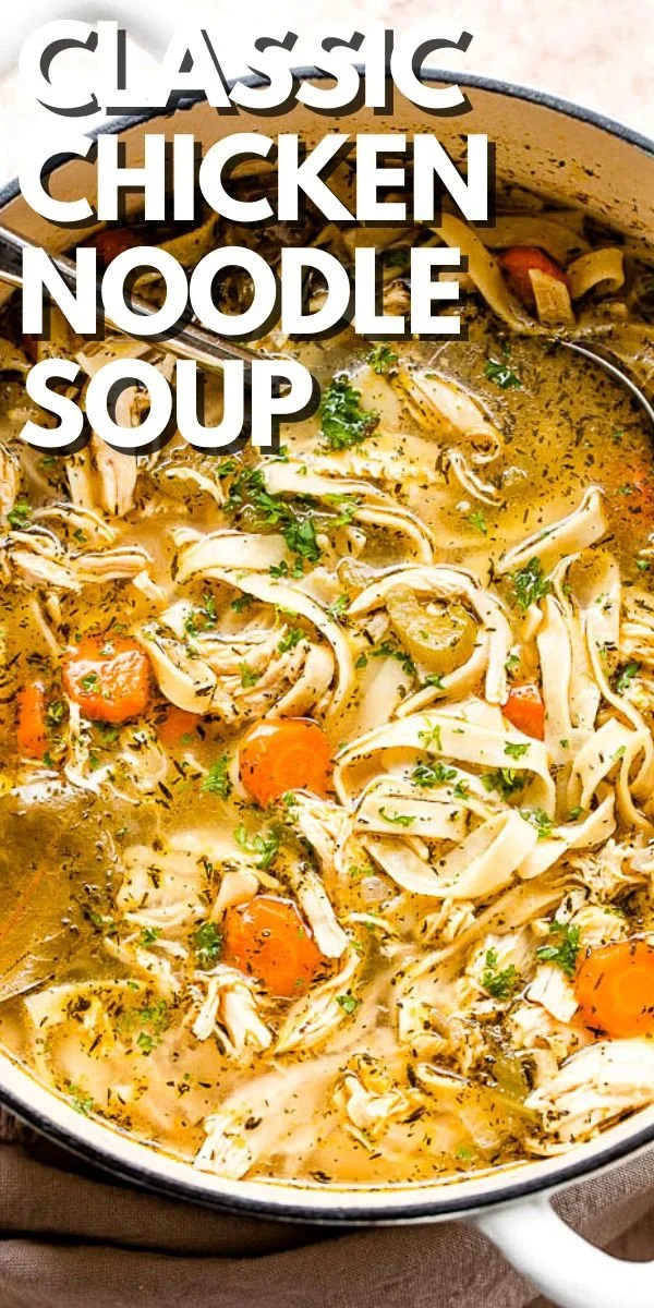 Bowl of homemade chicken noodle soup with vegetables and noodles