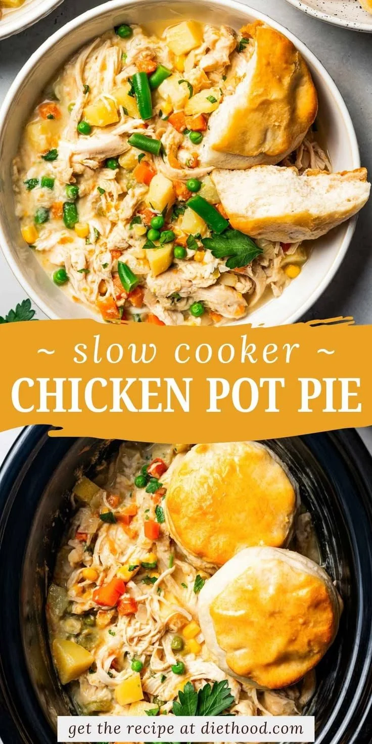 Slow cooker chicken pot pie with vegetables and flaky crust