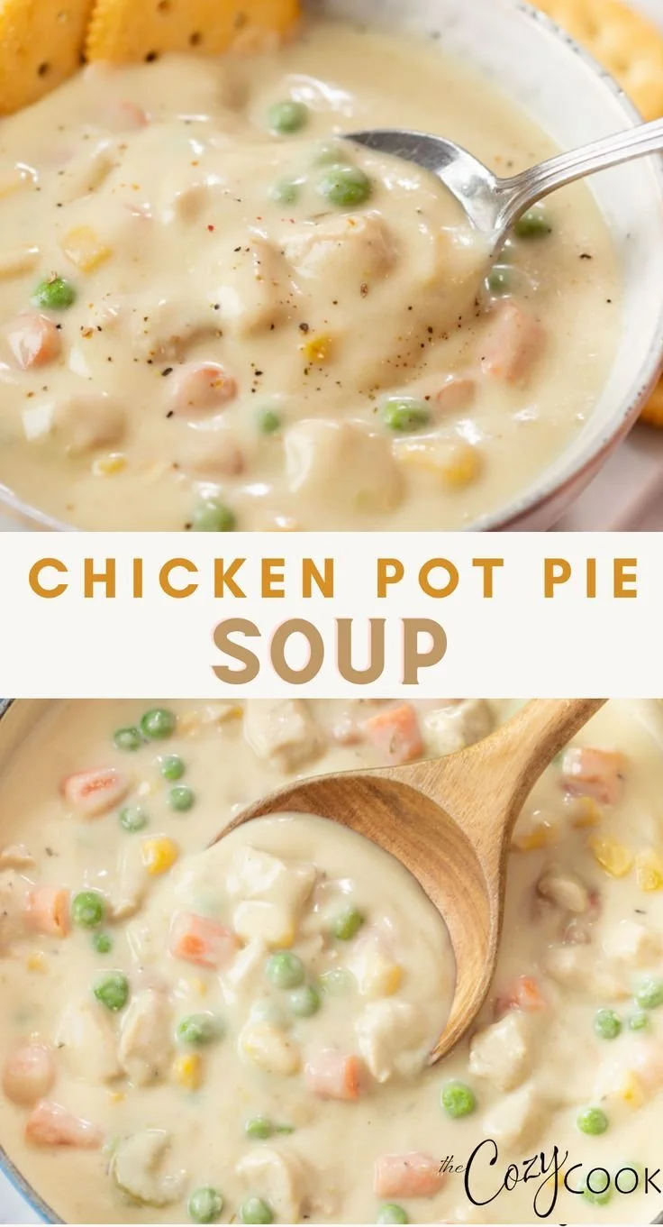 Delicious Chicken Pot Pie Soup garnished with herbs in a bowl