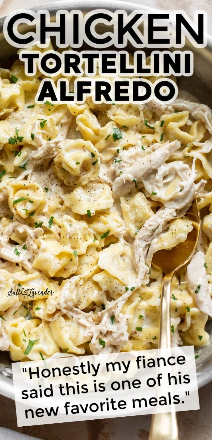 Creamy Chicken Tortellini Alfredo served in a bowl with fresh herbs.