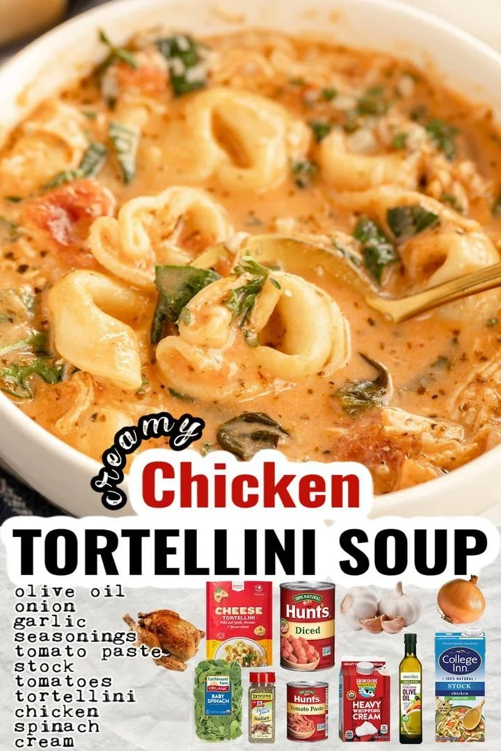 Bowl of delicious chicken tortellini soup garnished with herbs