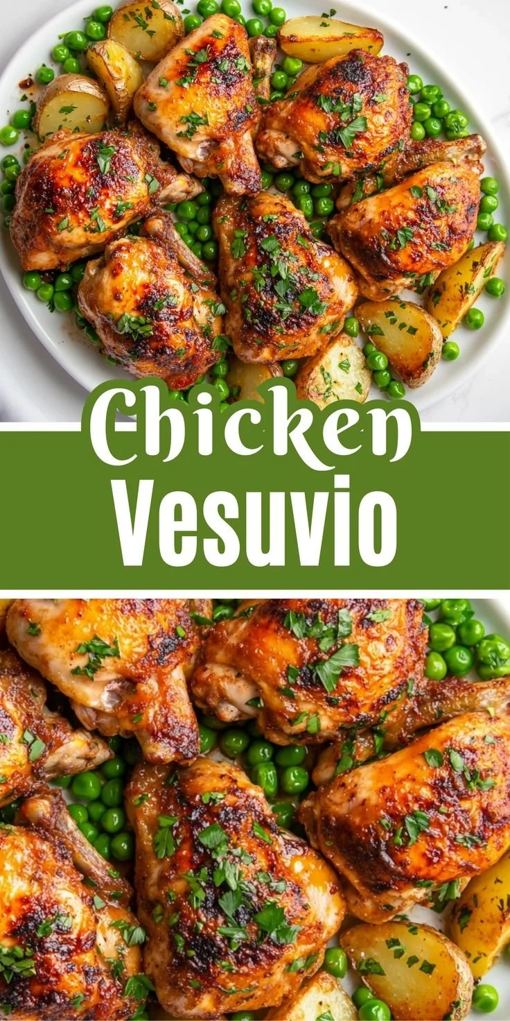 Plate of Chicken Vesuvio with herbs and vegetables